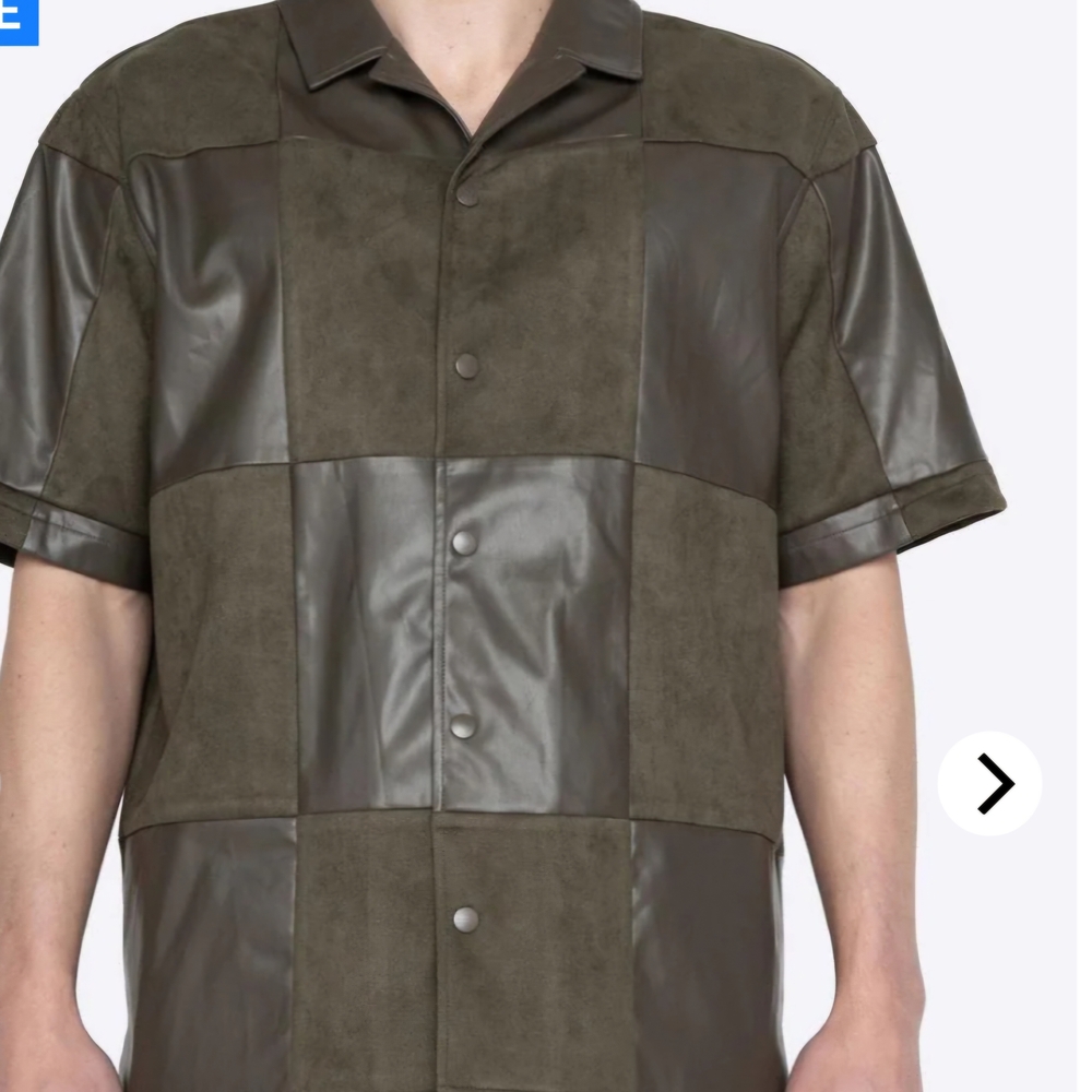 EP10828 Patchwork Checkered Leather Shirt. Olive -    Size: M